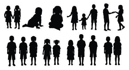Collection of black silhouettes of children kids boys