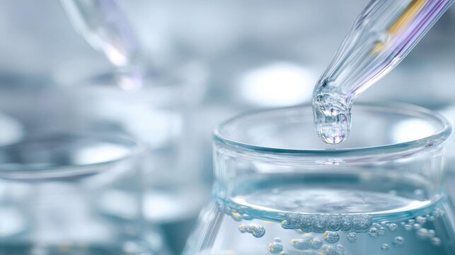 Close-up of a pipette pouring a clear liquid into a small glass beaker. the pipette is transparent and has a long handle with a dropper at the end.