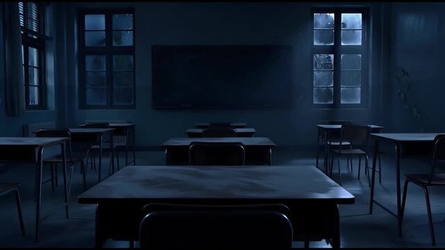 Empty dark classroom with desks chairs blackboard windows eerie atmosphere spooky abandoned school learning education horror suspenseful cinematic footage