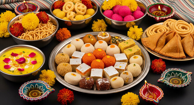 Indian woman serve Diwali sweets Gujiya peda barfi Indian Sweet dessert mithai festival dish Dussehra Holi ganesh chaturthi Ram navami Durga pooja, durga ashtami Navratri Mumbai Kerala India Sri ... 