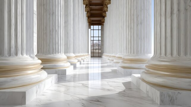 Multiple marble pillars in the U.S. Supreme Court building, featuring a minimalist design with symmetrical arrangement, high resolution, and a beige and white color scheme in a photorealistic style