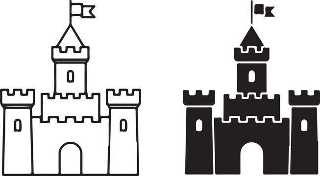 Two medieval castles with flags and battlements in a simple black and white illustration isolated on white background, illustration
