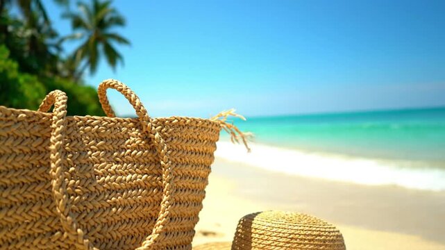 A beautifully woven straw beach bag and a matching natural straw hat rest peacefully on the soft, golden-white sand of a pristine tropical beach. The scene captures the essence of a serene summer esca