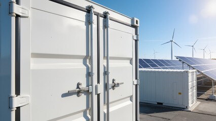 White shipping containers with solar panels and wind turbines