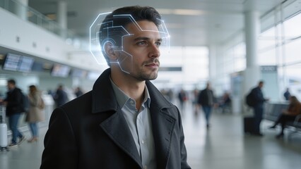 Man with digital head graphic in airport