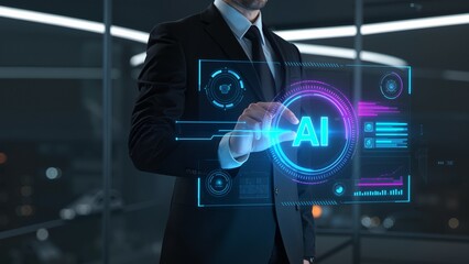 Businessman interacting with AI hologram