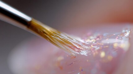 Close-up of a paintbrush with a gold-colored bristled handle. the bristles of the brush are visible, and the handle is slightly curved.