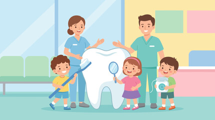 Obraz premium Family Visiting Dentist for Healthy Smiles and Oral Care.