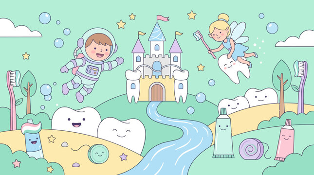 Whimsical illustration of a fairy and astronaut near a fantasy castle.