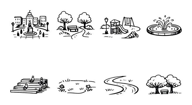 Silhouettes of urban parks and nature scenes in dim lighting