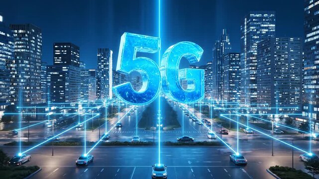 Futuristic nighttime cityscape featuring a glowing blue 5G logo at its center, illuminated skyscrapers, neon streets, and cars linked by luminous blue network lines, creating a digital urban