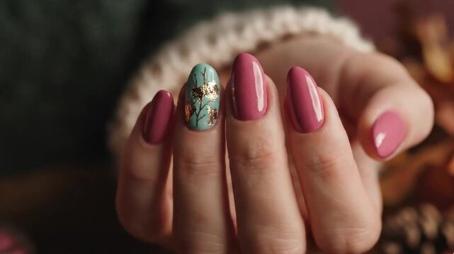 A captivating close-up highlights a woman's hand, showcasing a beautifully executed manicure with a sophisticated aesthetic. The nails are perfectly shaped and polished in a rich, deep rose or mauve h