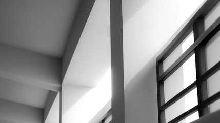 Obraz premium Black and white photograph of a modern building. the photo is taken from a low angle, looking up towards the ceiling. the ceiling is made of concrete and has a triangular shape.