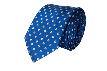 Elegant blue silk necktie with small geometric pattern, isolated on white background