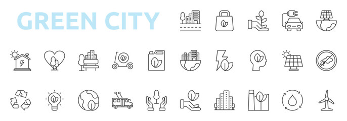 Green City icon outline style with green city, eco bag, plant growth, electric car, renewable, city, green, energy, mind icons