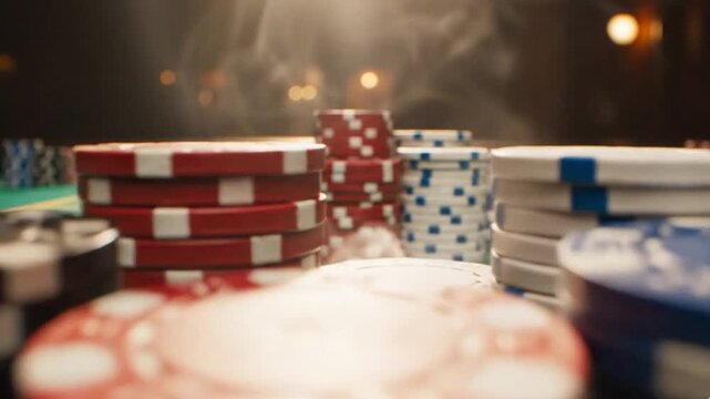 A captivating close-up shot features multiple stacks of colorful gaming chips prominently displayed on a dimly lit table, evoking an atmosphere of high stakes and thrilling entertainment. Wisps of smo