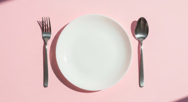 Empty white plate on pink, flanked by silver fork and spoon, casting shadows