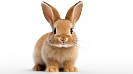 Obraz premium Adorable young brown rabbit sitting upright with alert ears on a clean white studio background