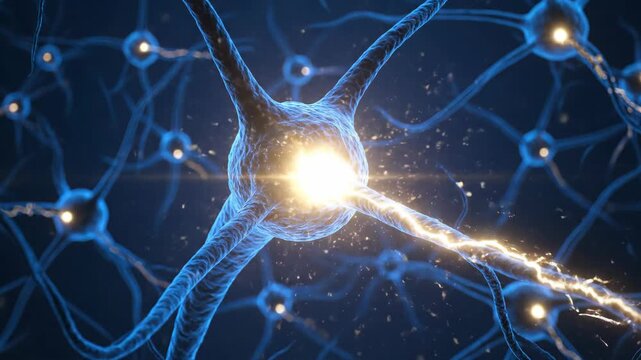 Realistic 3D rendering of a glowing neuron with axon and dendrite extensions, illuminated by yellow light against a dark blue background, forming a neural network in a scientific illustratio