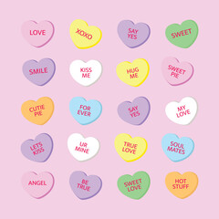 Set of colorful Valentine&rsquo;s Day candy heart illustrations with romantic phrases. Cute flat vector sweets isolated on white, perfect for love cards, stickers, prints, packaging, invitations, and festiv