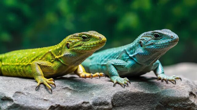 A captivating close-up shot features two vibrant reptilian creatures, a green lizard and a blue-teal lizard, resting side-by-side on a textured rock surface. The intricate details of their scaly skin 