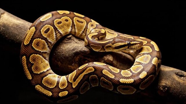 A captivating close-up shot features an exotic, beautifully patterned snake gracefully coiled around a rustic, weathered tree branch. Its intricate scales display a stunning natural camouflage of rich