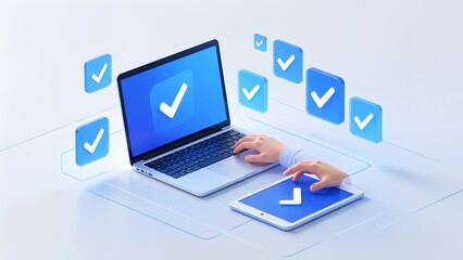 Hands using laptop and tablet with checkmarks