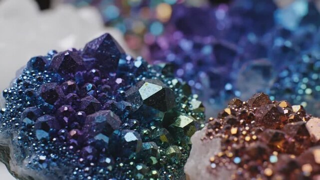 A captivating macro shot showcases the intricate beauty of iridescent crystal clusters, shimmering with vibrant hues of deep blue, purple, and hints of teal and gold. Each facet of the natural mineral