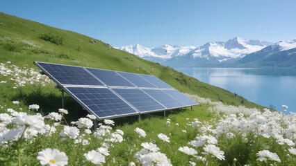 Solar panels in a mountainous meadow