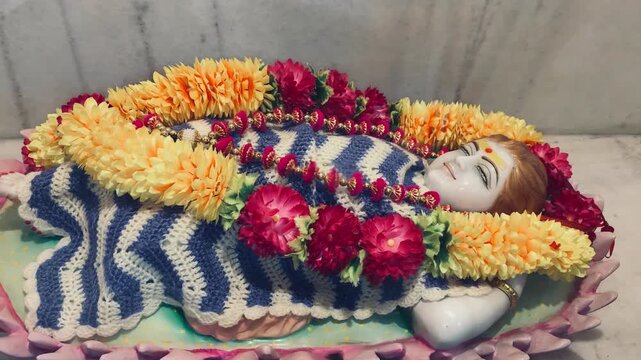 Child Krishna resting peacefully and decorated with colorful flower garlands and a knitted blanket inside a temple.