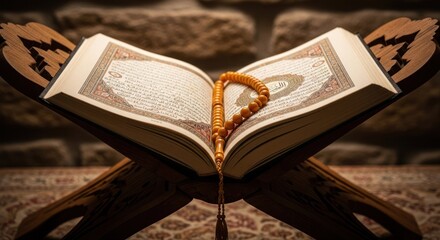 Obraz premium Open book on ornate wooden stand with prayer beads draped across its pages