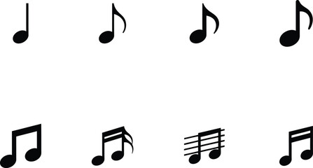 Fototapeta premium Musical note icons featuring black silhouettes of various notations including quarter notes eighth notes with flags and beamed sixteenth notes on a solid isolated background