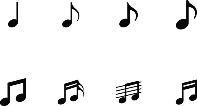 Musical note icons featuring black silhouettes of various notations including quarter notes eighth notes with flags and beamed sixteenth notes on a solid isolated background