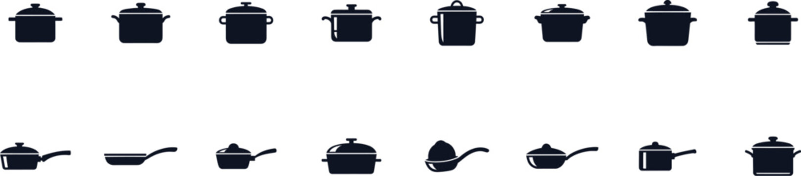 Cookware icons set featuring various black silhouette shapes of kitchen pots frying pans and skillets in two rows including deep casseroles and saucepans with lids and long handles