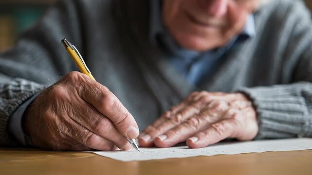 An older man is writing with a pen on a piece of paper. The man is in a contemplative mood. Older adult participating in a creative writing session, pen moving slowly across paper, calm concentration