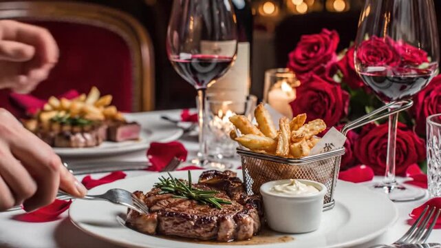 A close-up shot captures a luxurious and intimate dining experience, perfect for celebrating a special occasion. A tender, perfectly cooked steak, garnished with fresh rosemary, rests on a pristine wh