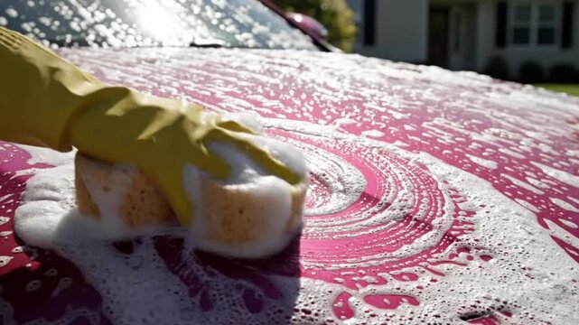 A close-up shot captures a hand, clad in a bright yellow protective glove, diligently scrubbing the vibrant pink hood of a vehicle. Rich white soap suds and thick foam generously cover the car's surfa