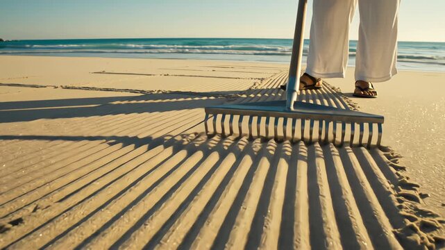 Close up of person raking white sand on tropical beach creating zen patterns with metal rake near turquoise ocean under bright sunlight