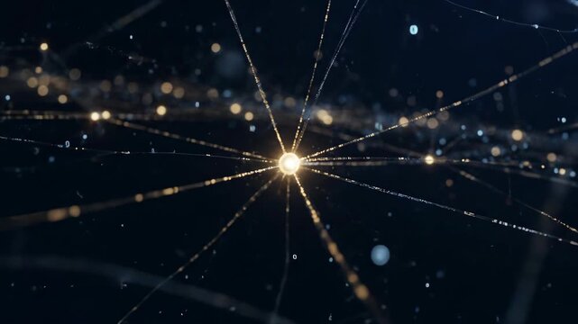 Futuristic digital network of glowing yellow nodes and thin white lines on a deep dark blue background, abstract technology illustration showing data connections, motion and ethereal light f