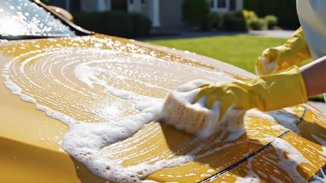 A close-up shot captures hands encased in bright yellow protective gloves diligently scrubbing the shiny yellow surface of a vehicle's hood with a foamy sponge. White, frothy soap suds spread in swirl