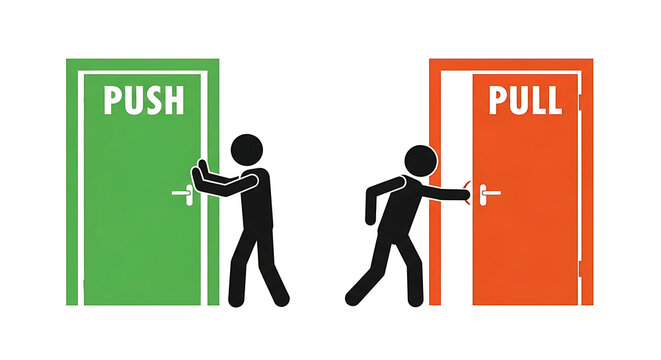 Simple graphic illustrating the correct way to open doors with push and pull instructions.
