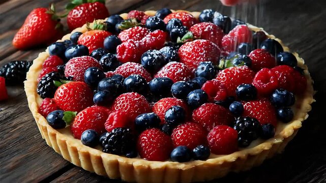 Fresh fruit tart preparation in a kitchen with berries and crust on a wooden table