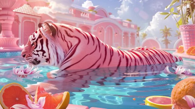 A pink tiger in a swimming pool, symbolizing summer, surrounded by floating fruit &mdash; apples, oranges, and limes &mdash; representing refreshment and carefree vacation vibes.