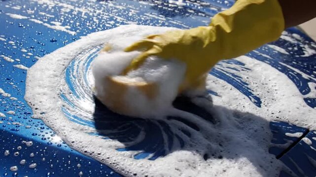 A close-up view captures a hand wearing a bright yellow protective glove, meticulously scrubbing a vibrant blue vehicle surface with a white, sudsy sponge or wash mitt. Rich, thick foam and glistening