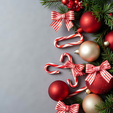 Christmas balls with candy canes and decorative bows on grey background