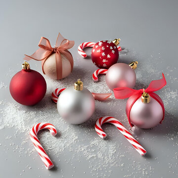 Christmas balls with candy canes and decorative bows on grey background