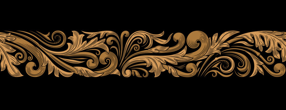 Elegant baroque floral scrollwork ornament. Vintage flourish ornate seamless border pattern. Golden decorative frieze of volutes, curls, spirals, and acanthus leaves on a black background.