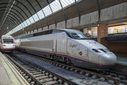 High-Speed AVE Trains at Sevilla Santa Justa Station, Seville, Spain.