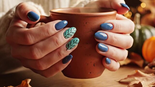 A close-up view captures hands adorned with a beautiful manicure, holding a rustic earthenware mug from which delicate steam rises. The nails feature a blend of elegant blue-grey polish and intricate 