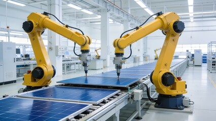 Robotic arms assembling solar panels